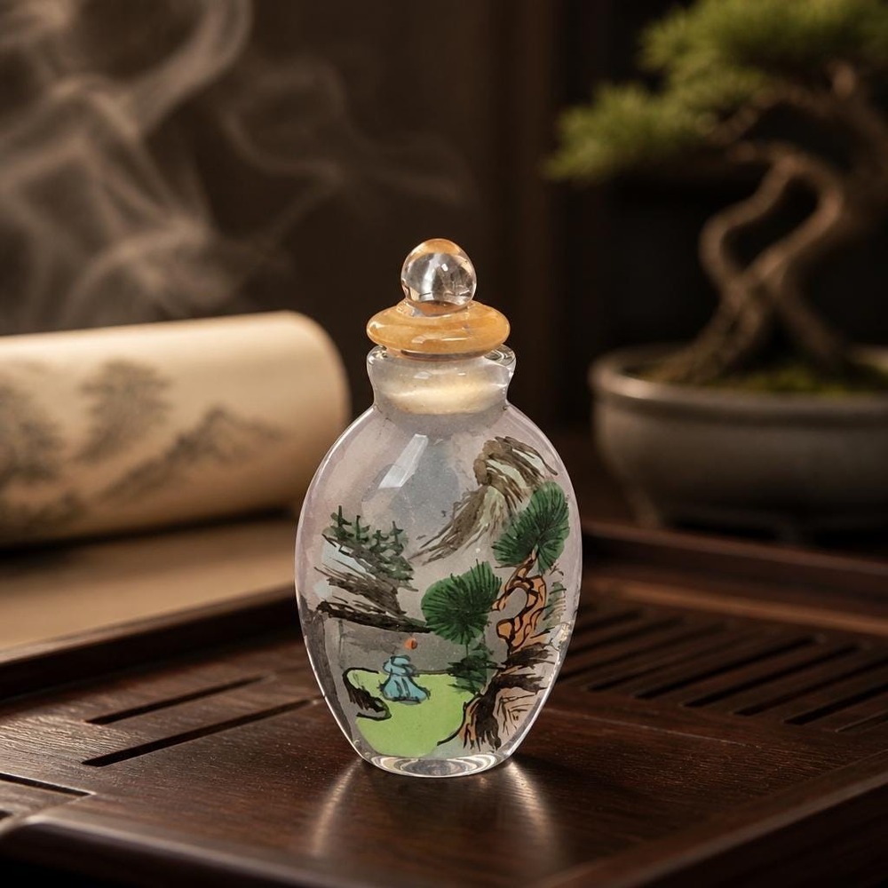 Vintage Inside Painted Glass Snuff Bottle with Unusual Top - No Spoon